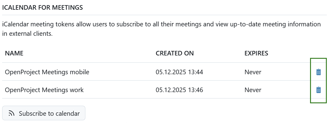 Delete icon to remove a meeting iCal token under OpenProject account settings