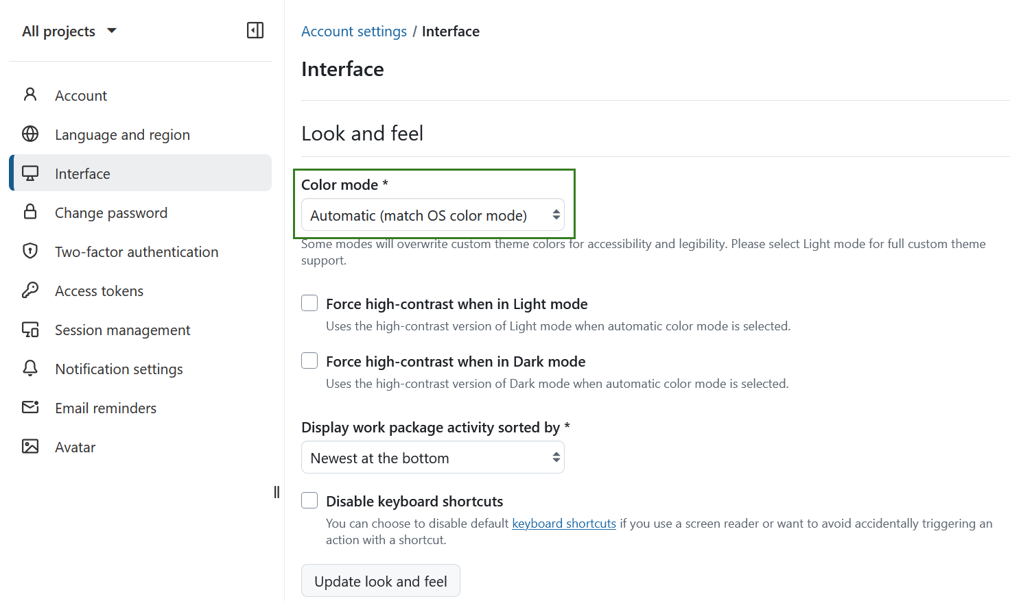 Modo de color automático en la configuración de la cuenta OpenProject