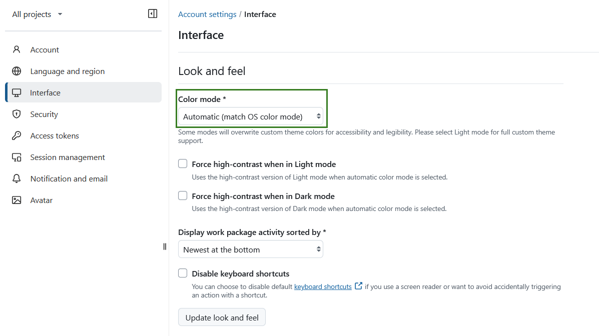 Modo de cor automático nas definições da conta OpenProject