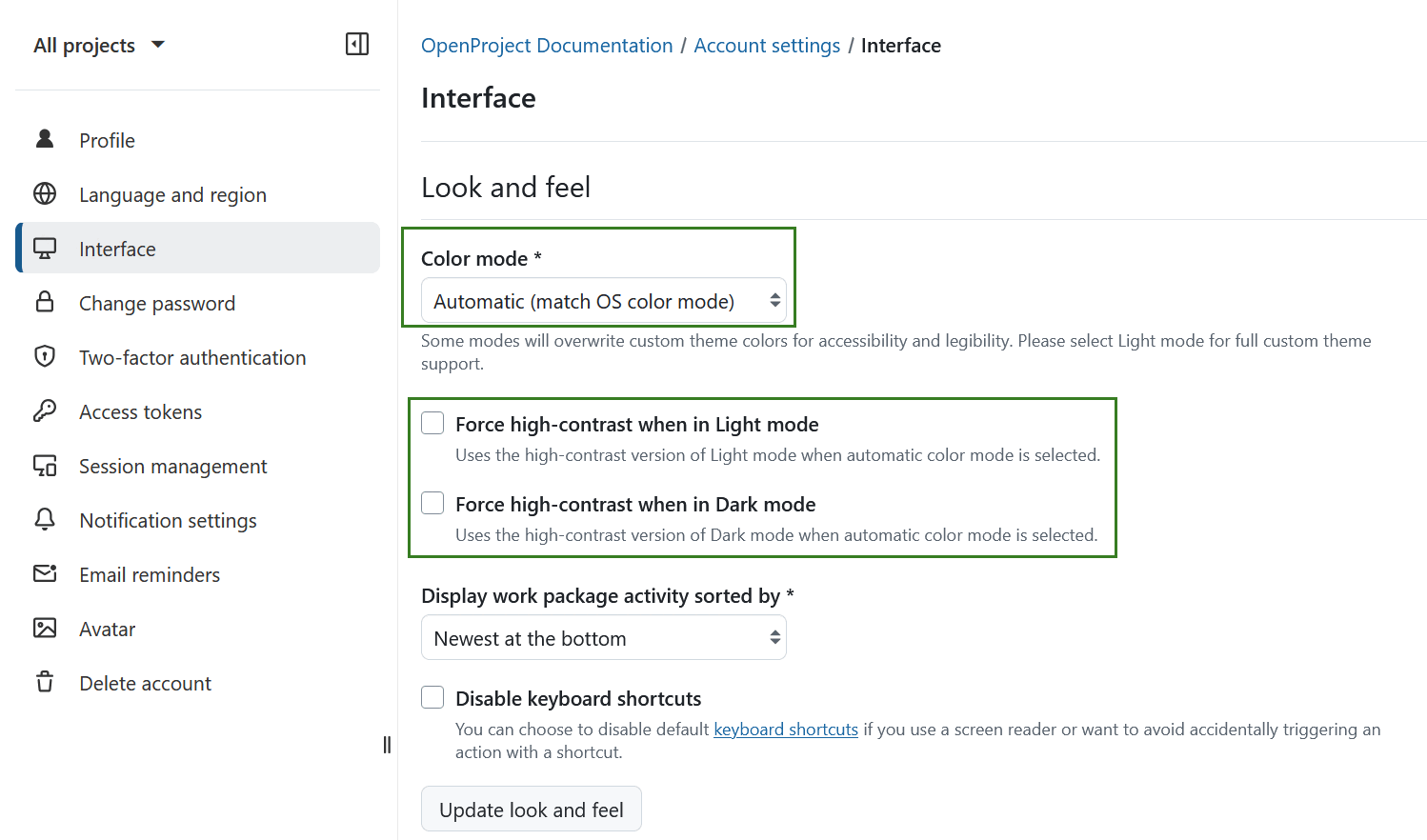 Automatic color mode in OpenProject account settings