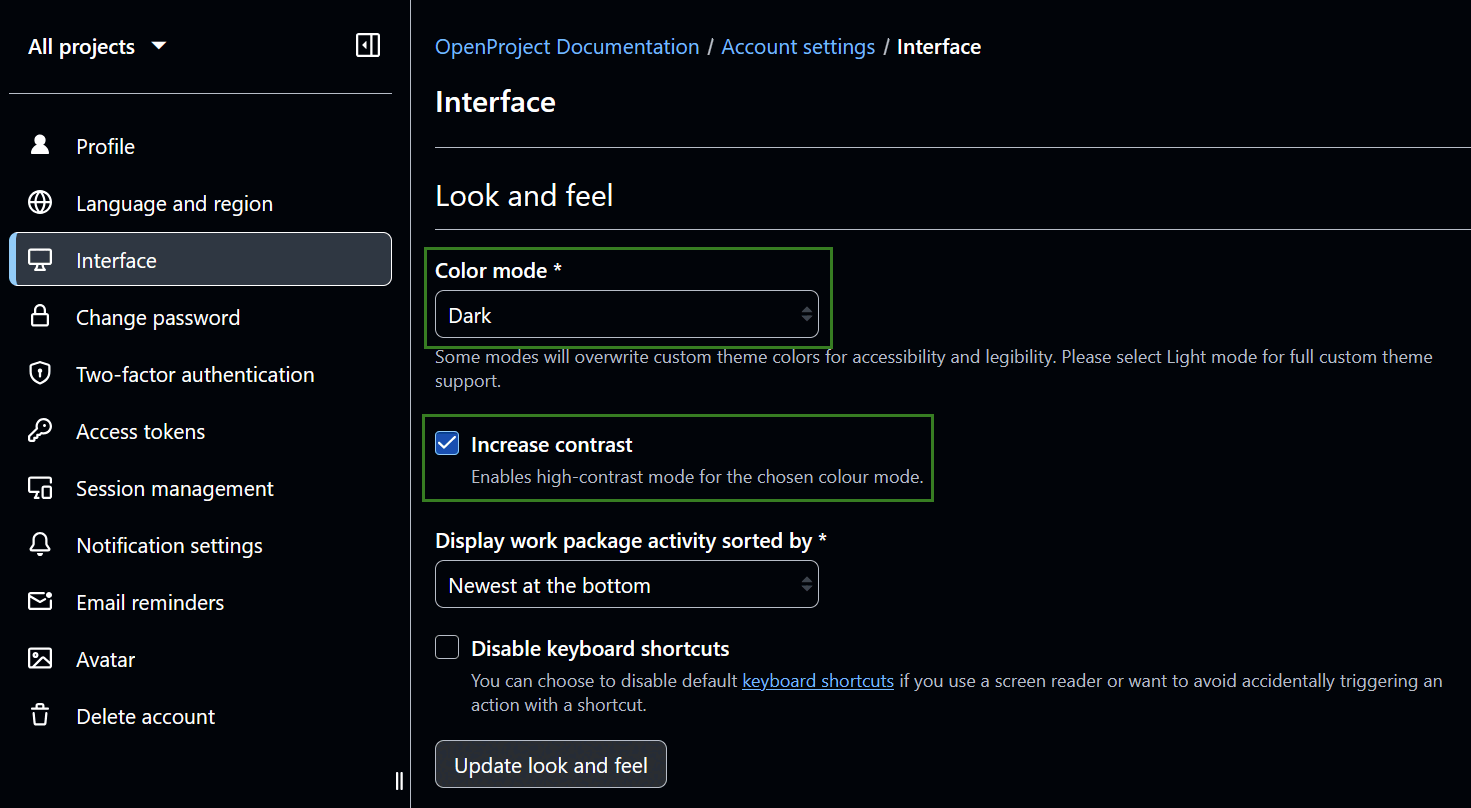 Mode sombre dans les paramètres du compte OpenProject