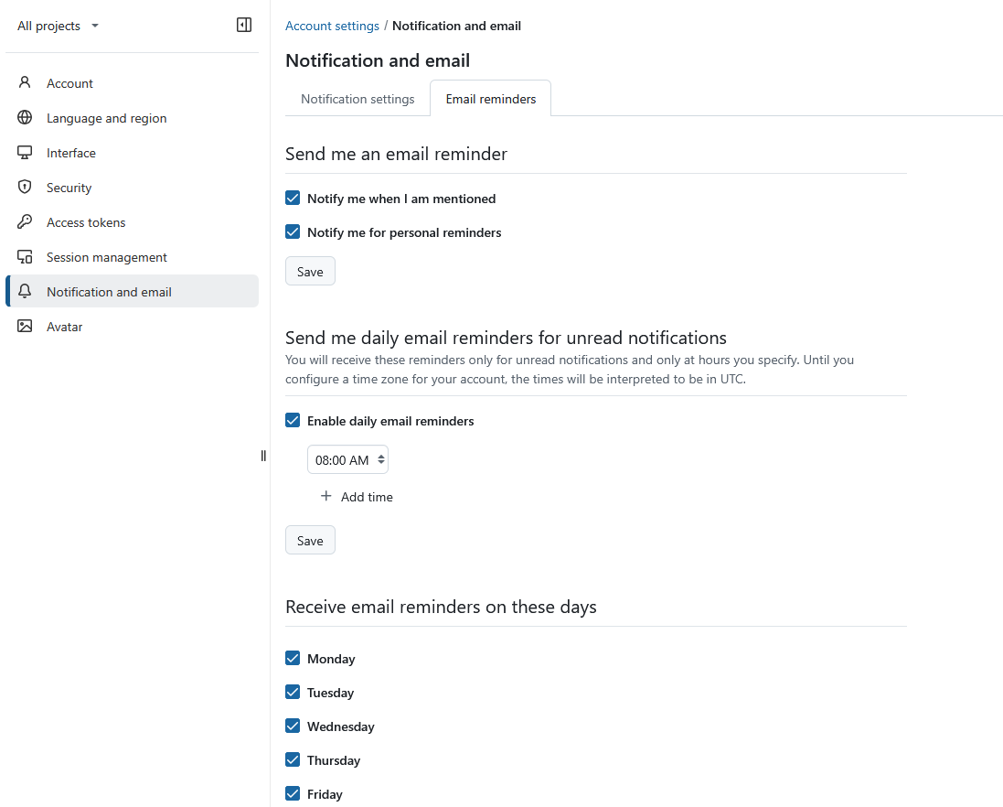Secção de lembretes por e-mail nas definições da conta do OpenProject