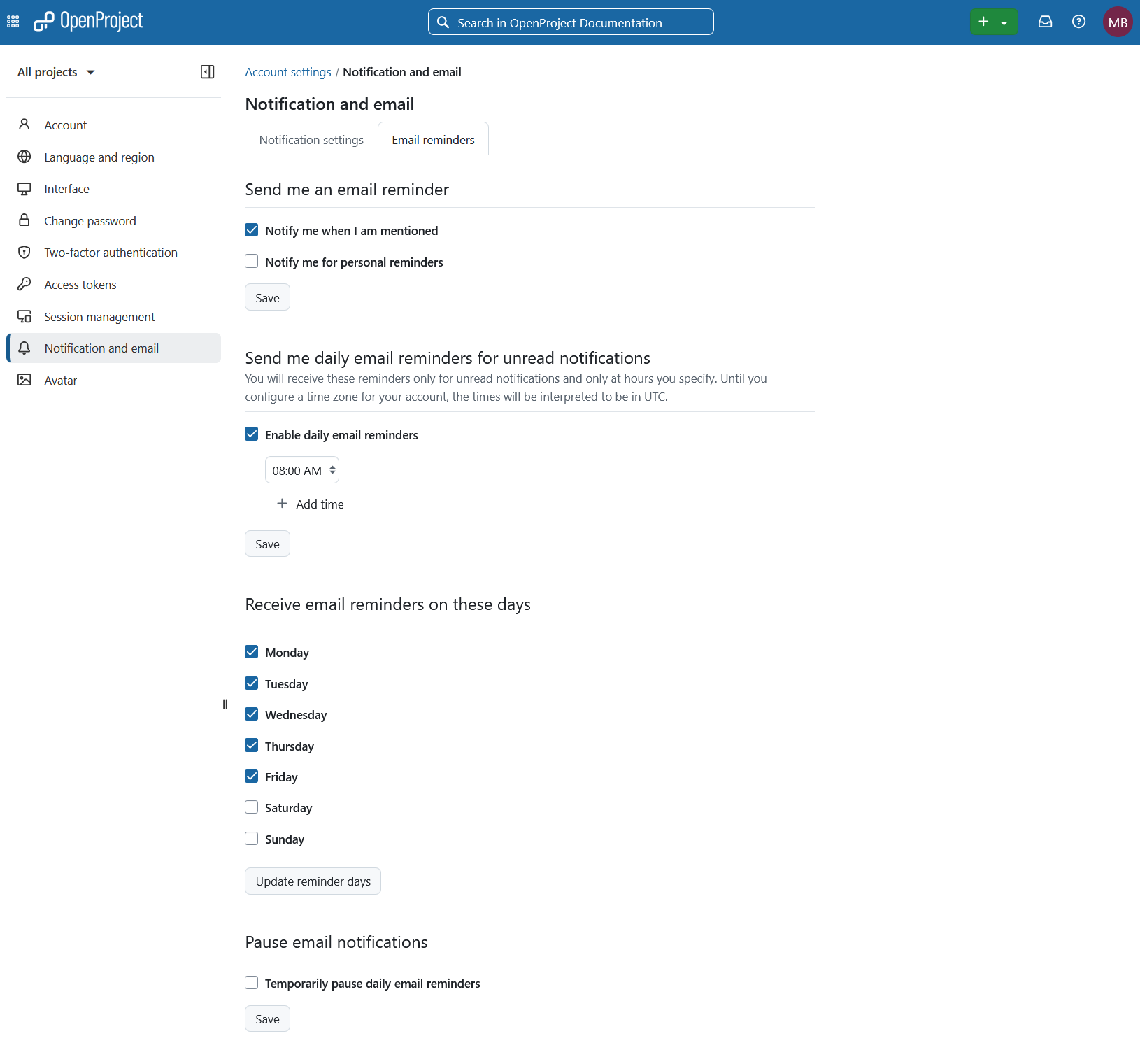 Email reminders in OpenProject account settings