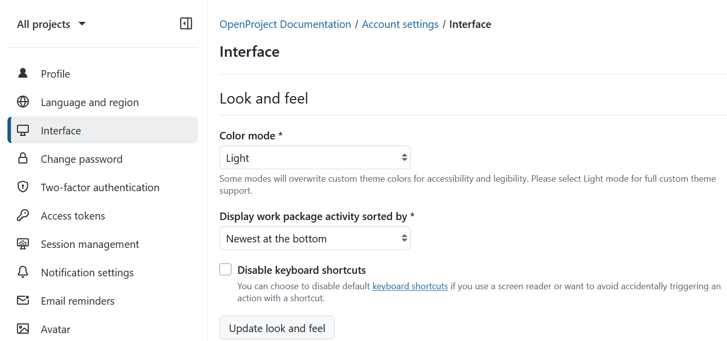 Section « Apparence et ergonomie » dans les paramètres de l’interface dans les paramètres du compte OpenProject