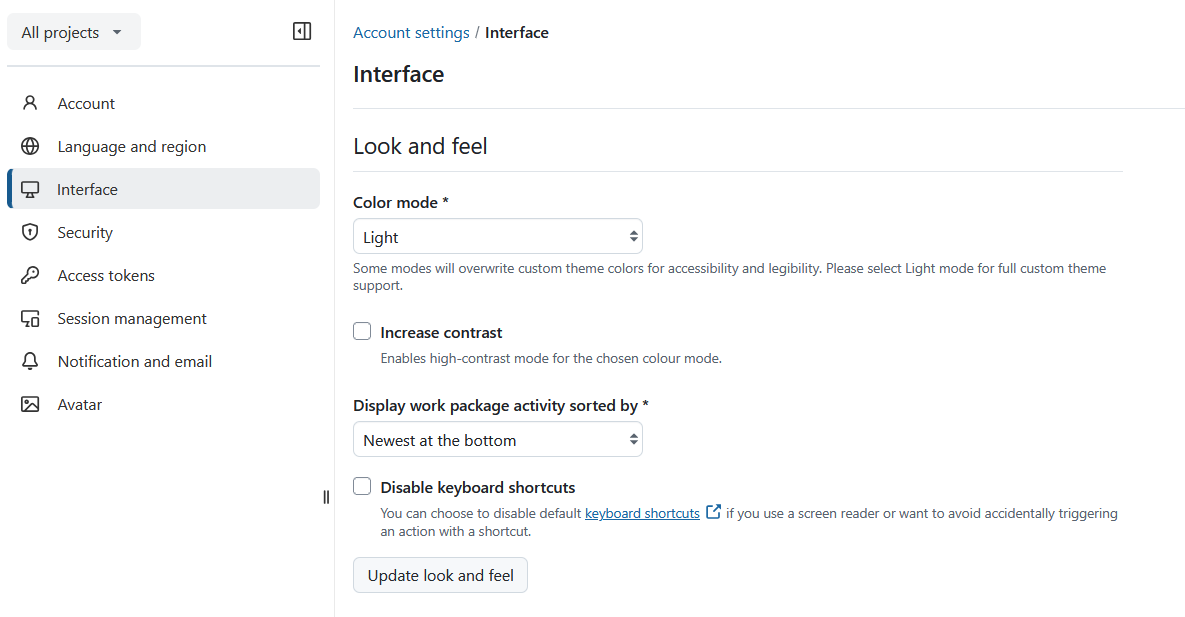 Secção “Aspeto e comportamento” em Definições de interface nas definições de conta do OpenProject