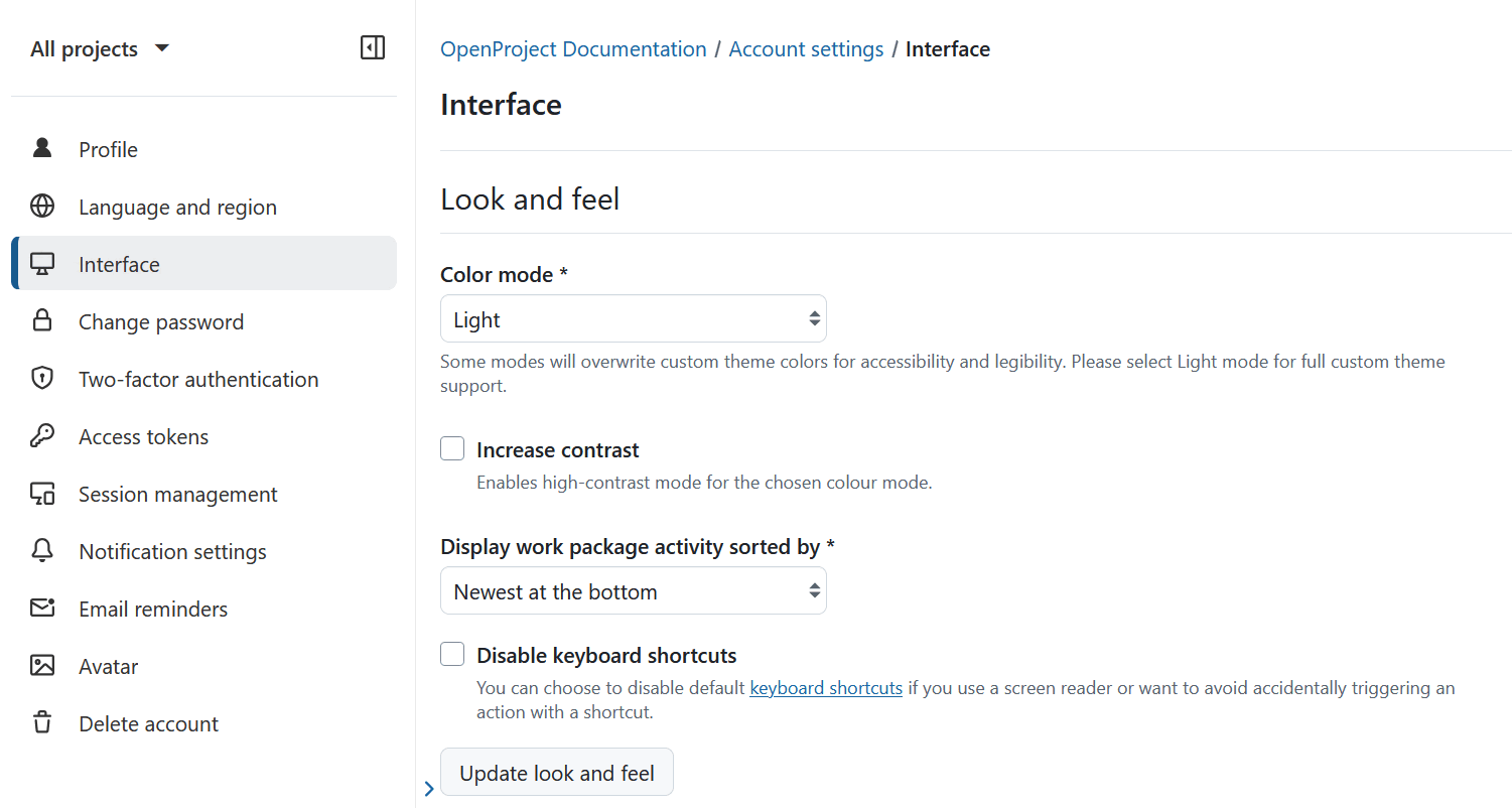 Section « Apparence et ergonomie » dans les paramètres de l’interface dans les paramètres du compte OpenProject