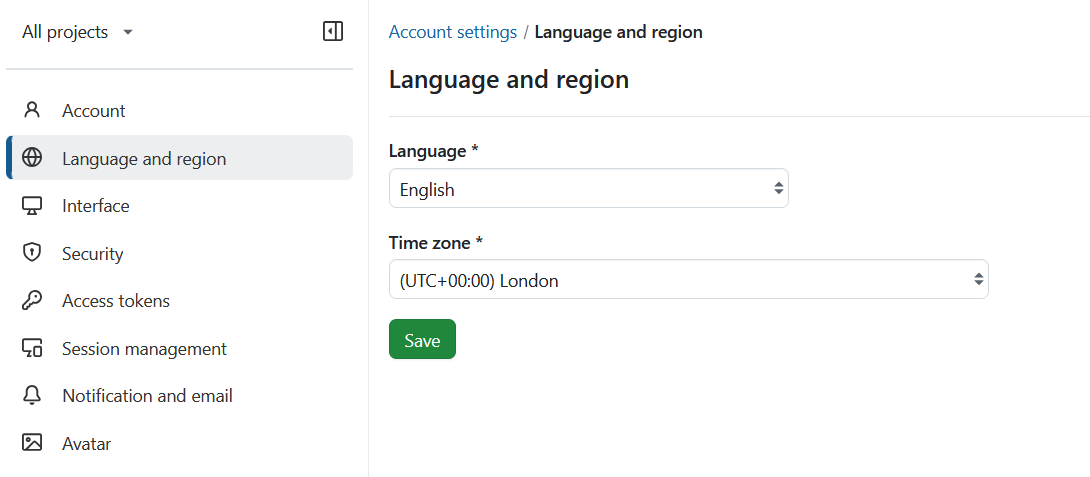 Definições da conta pessoal do OpenProject