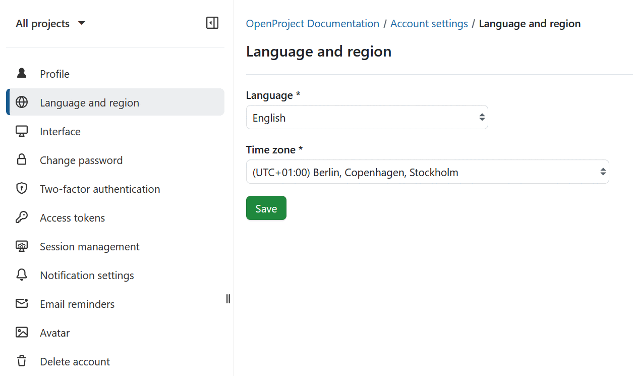 Paramètres du compte personnel OpenProject