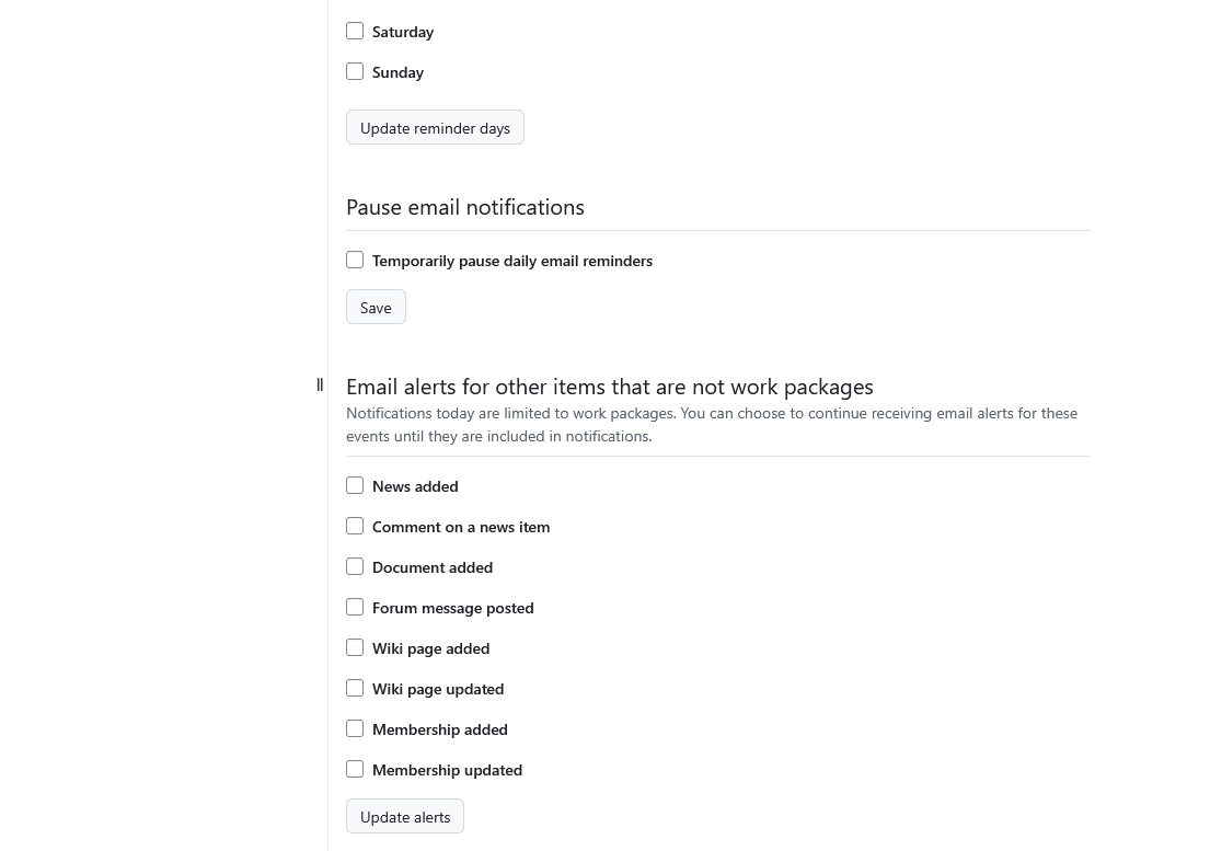 Segunda parte da página da secção de lembretes por e-mail nas definições da conta do OpenProject