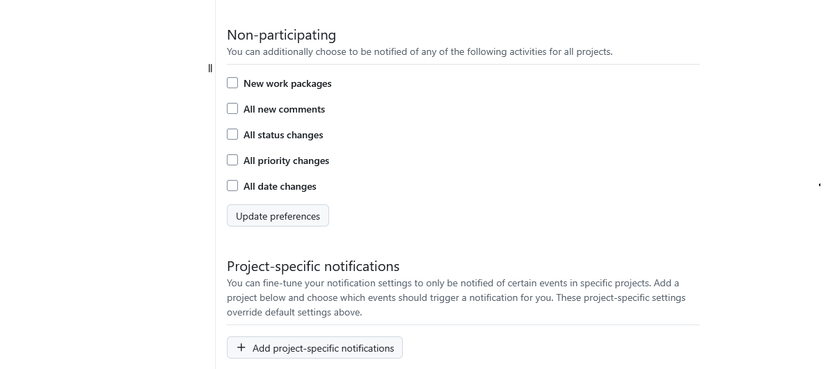 Mais definições de notificações nas definições da conta do OpenProject
