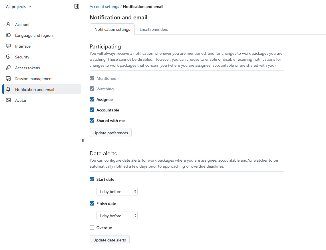 Definições de notificação nas definições de conta OpenProject