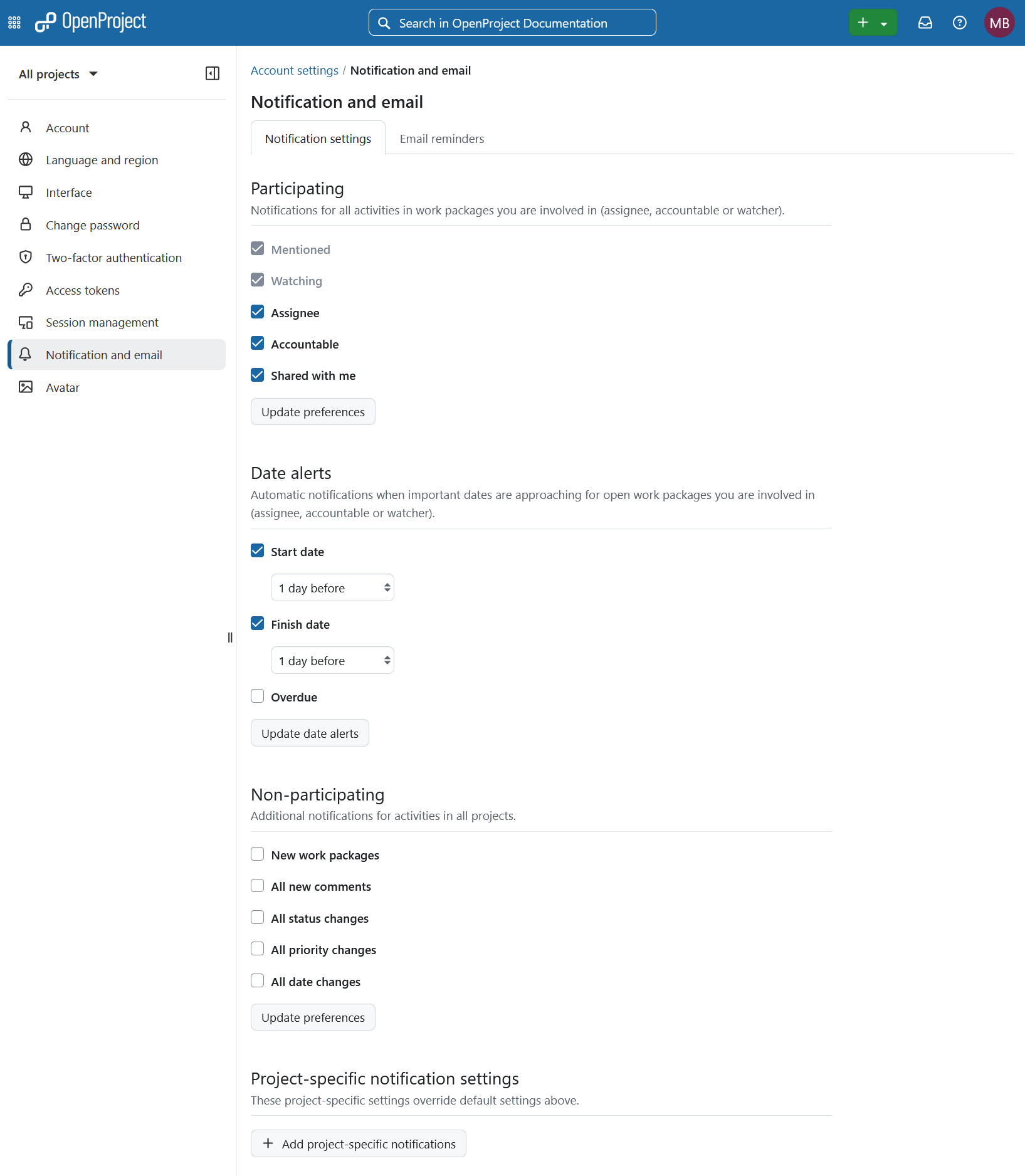 Notification settings in OpenProject account settings