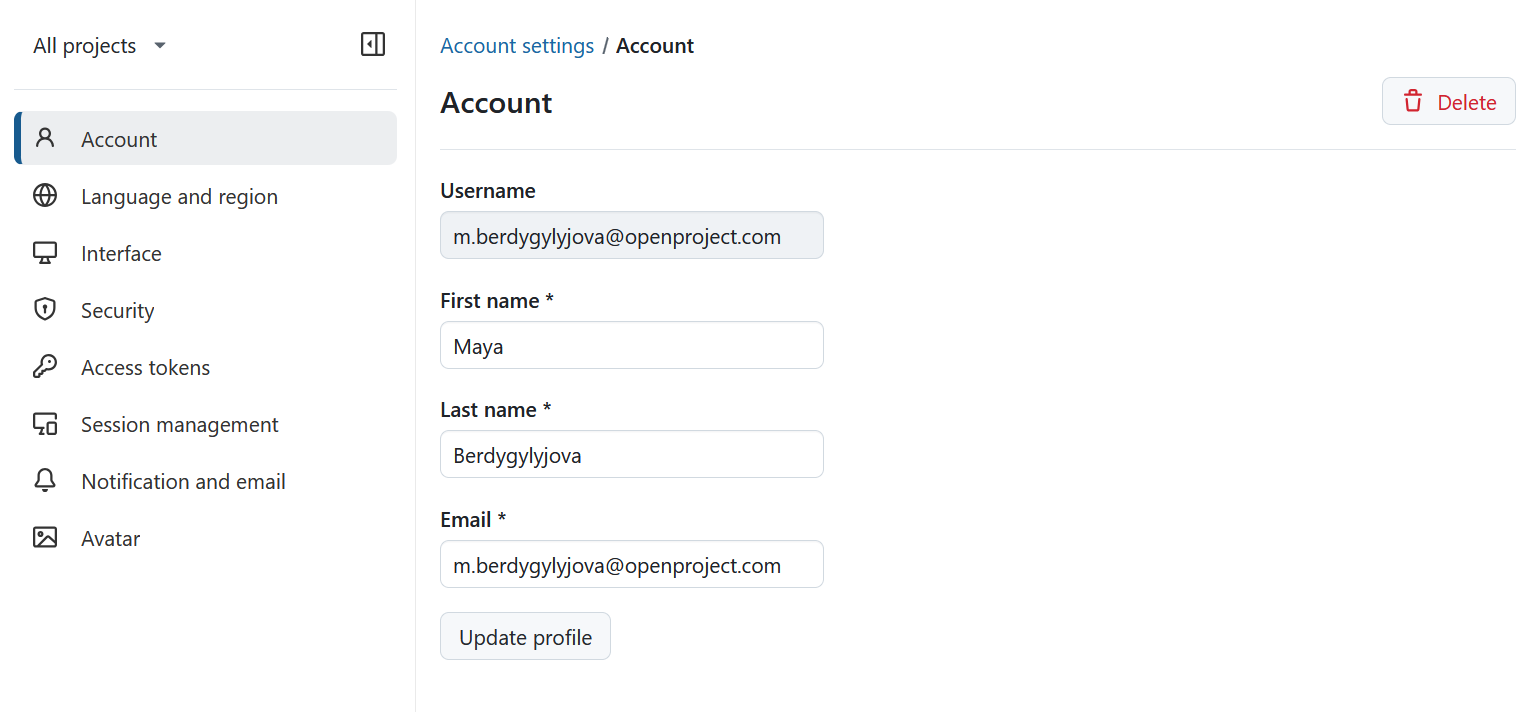 Definições de perfil no OpenProject