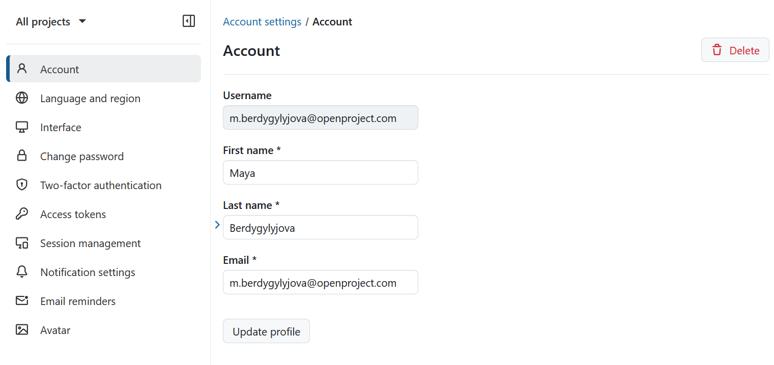 Ajustes del perfil en OpenProject