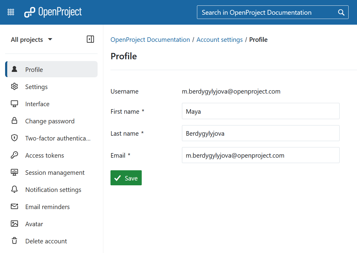 Paramètres du profil dans OpenProject