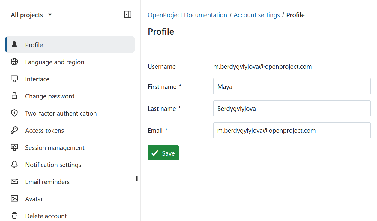 Paramètres du profil dans OpenProject