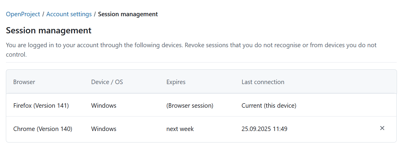 Gestion des sessions dans les paramètres du compte OpenProject