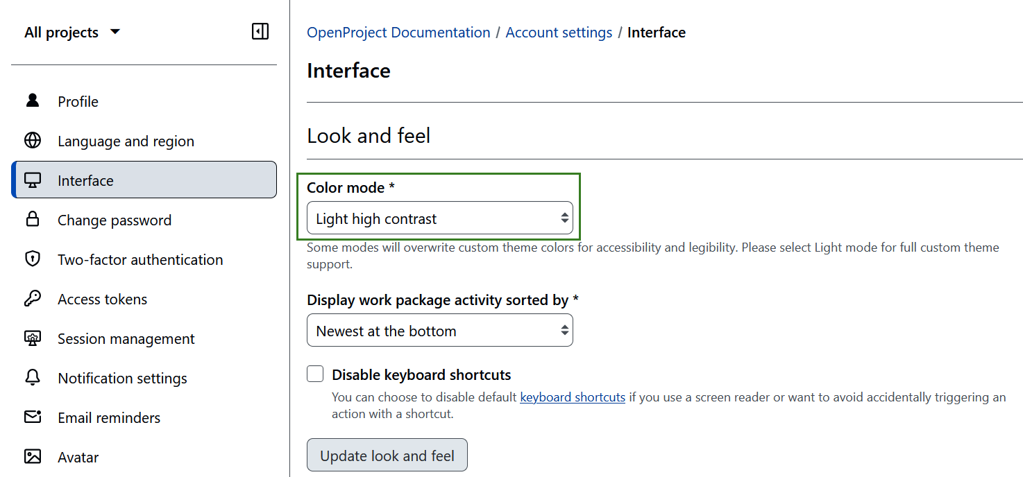 Mode de contraste élevé dans les paramètres du compte OpenProject