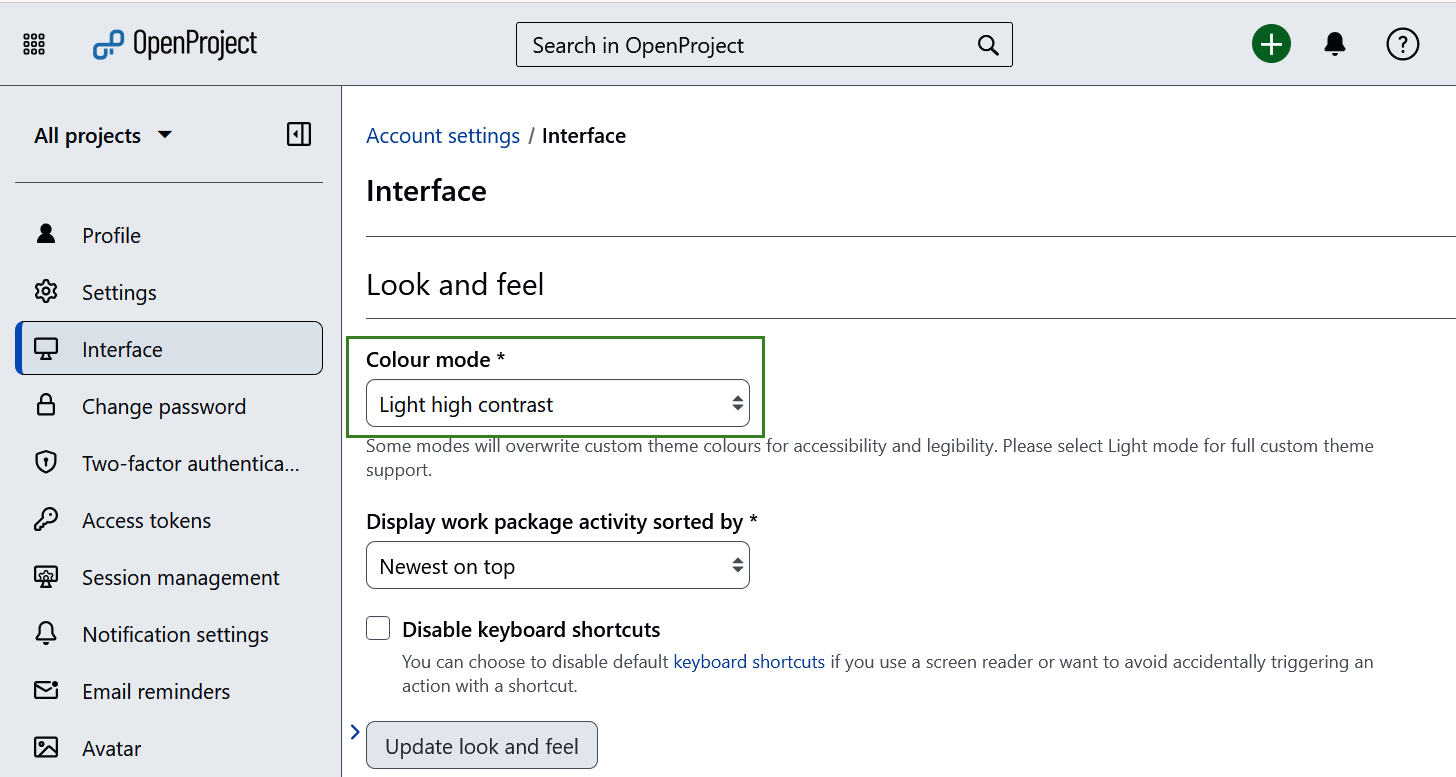 Mode de contraste élevé dans les paramètres du compte OpenProject