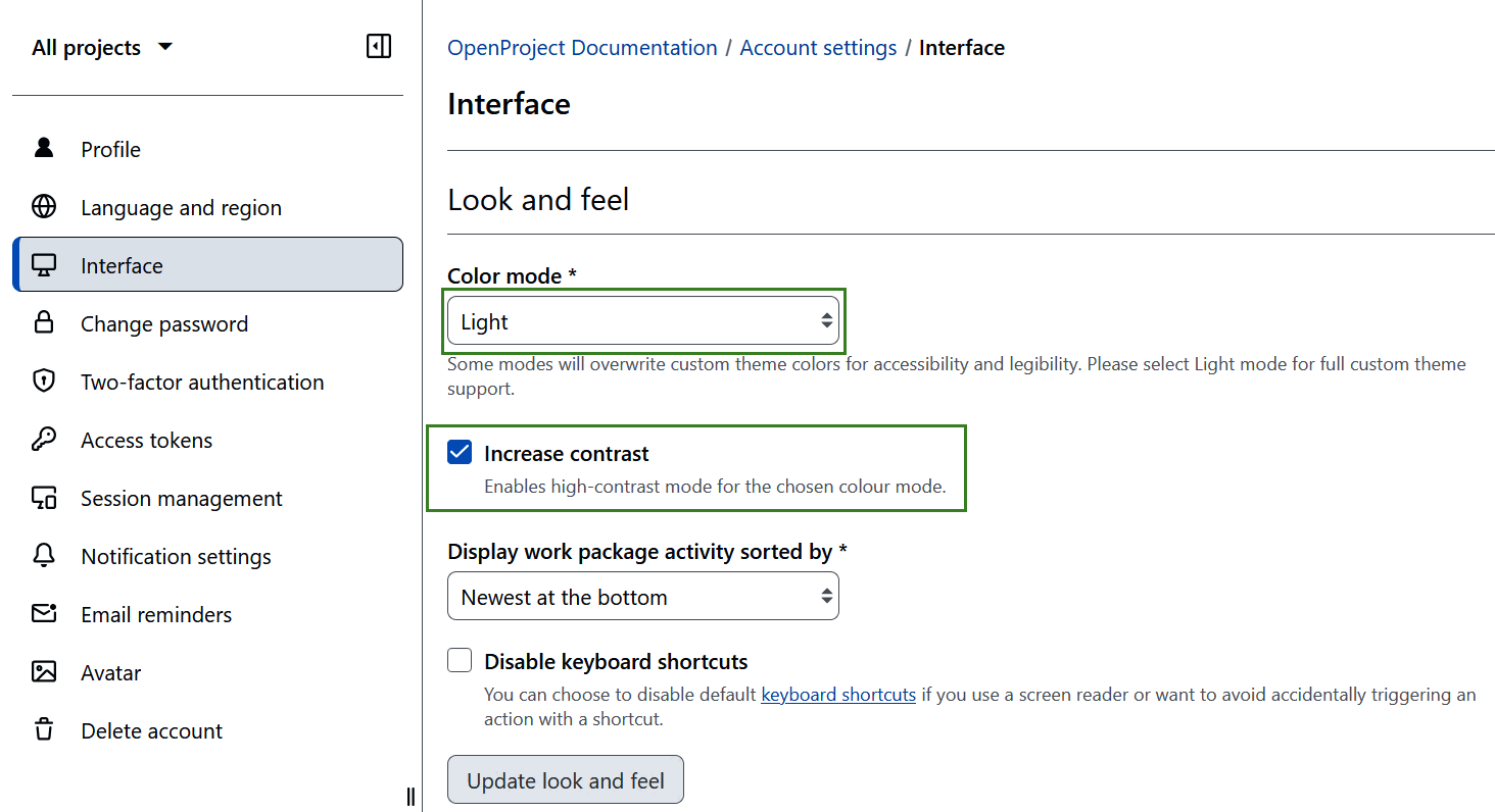 Light mode with increased contrast selected in OpenProject account settings