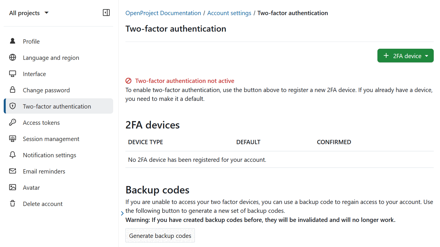 Authentification à deux facteurs dans les paramètres du compte OpenProject