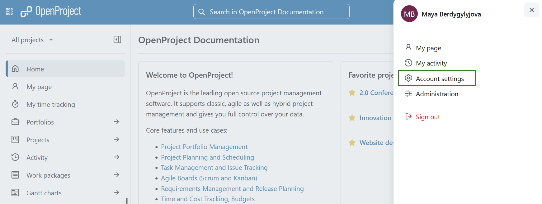 Definições de conta no OpenProject