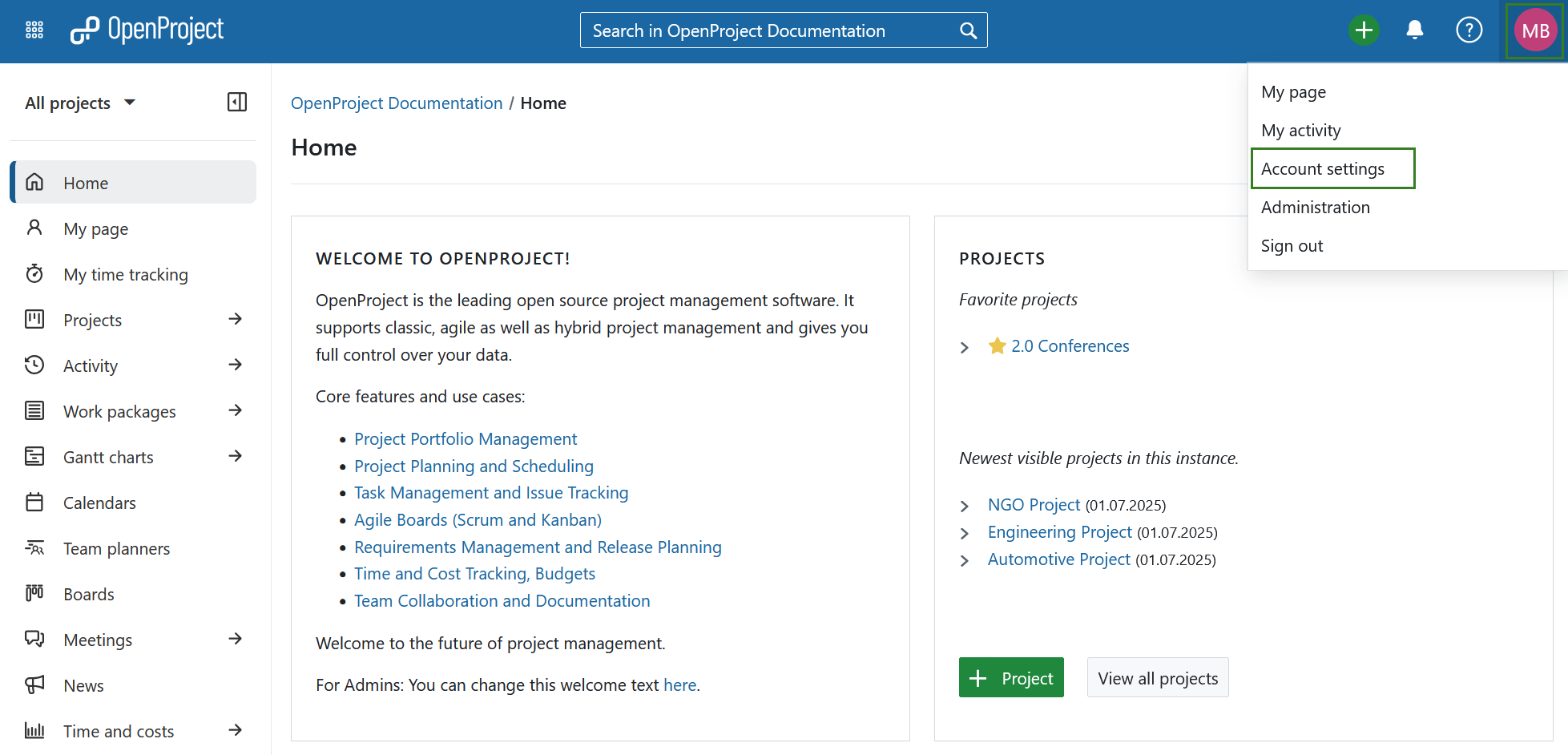 Paramètres du compte dans OpenProject