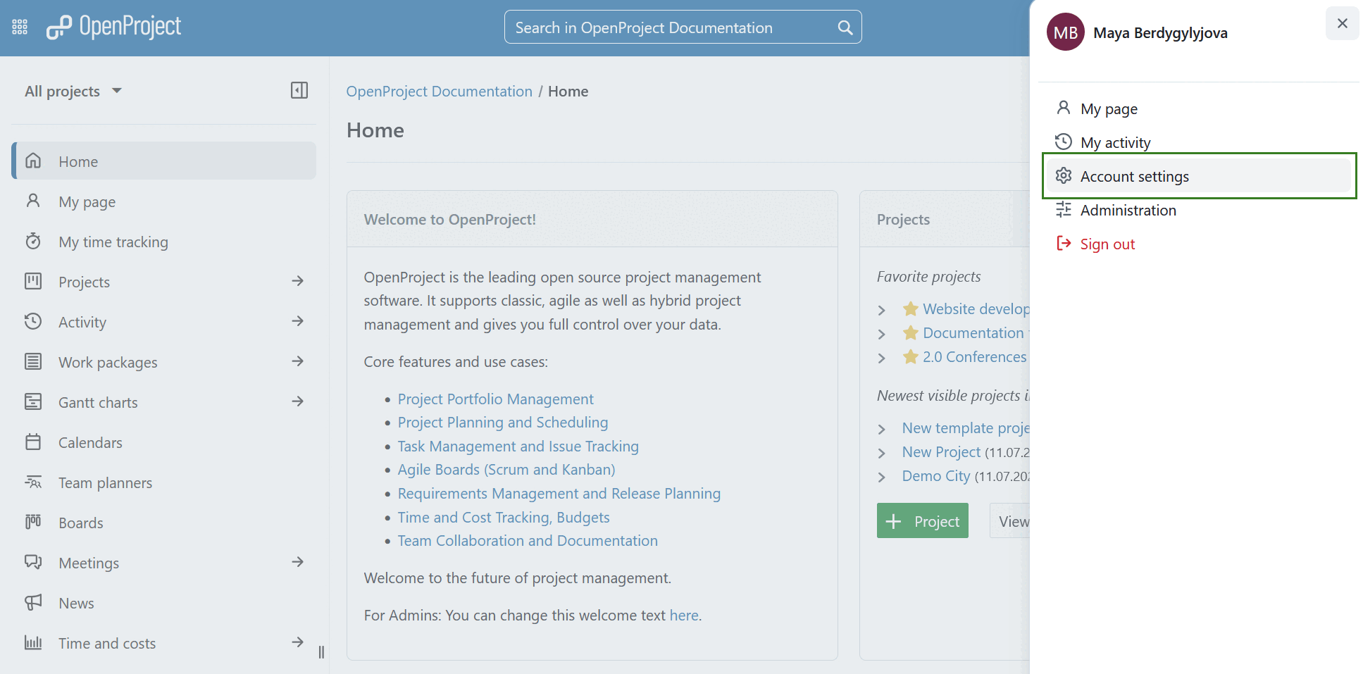 Paramètres du compte dans OpenProject