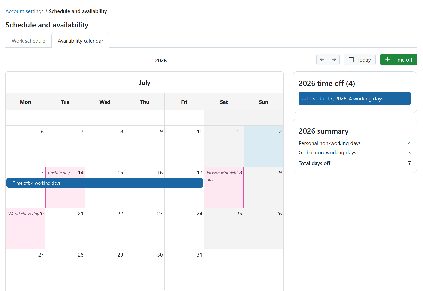 Availability calendar showing yearly time off and summary panels