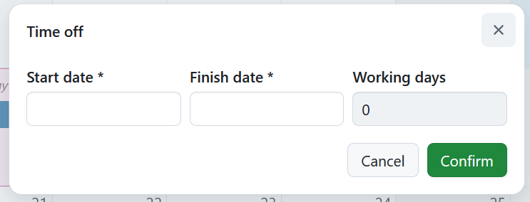 Time off dialog for adding personal time off