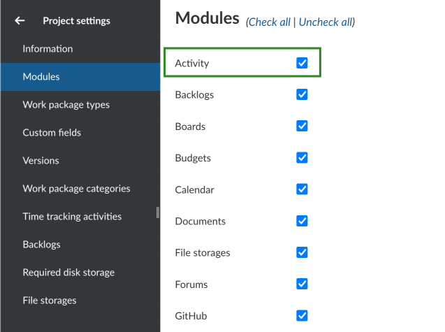 Enable the Activity module