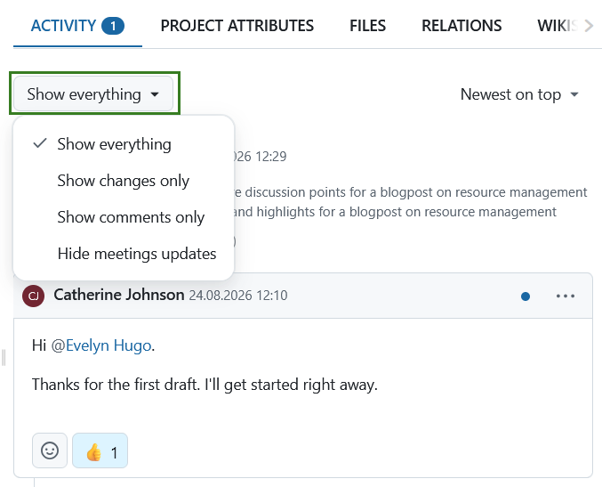 Dropdown menu to filter what is displayed under the activity tab