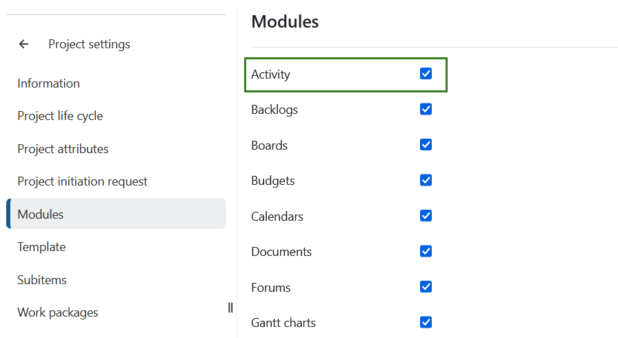 Enable Activity module under Modules in Project settings