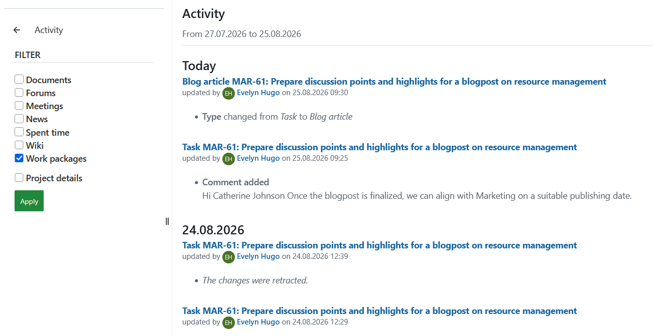 An overview of project activity under Activity module in project menu