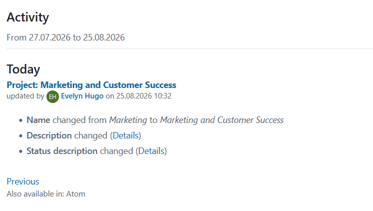 Updates to project details displayed in Activity module