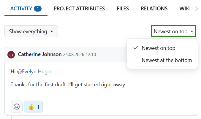 Dropdown menu to order the activities to show newest on top or at the bottom