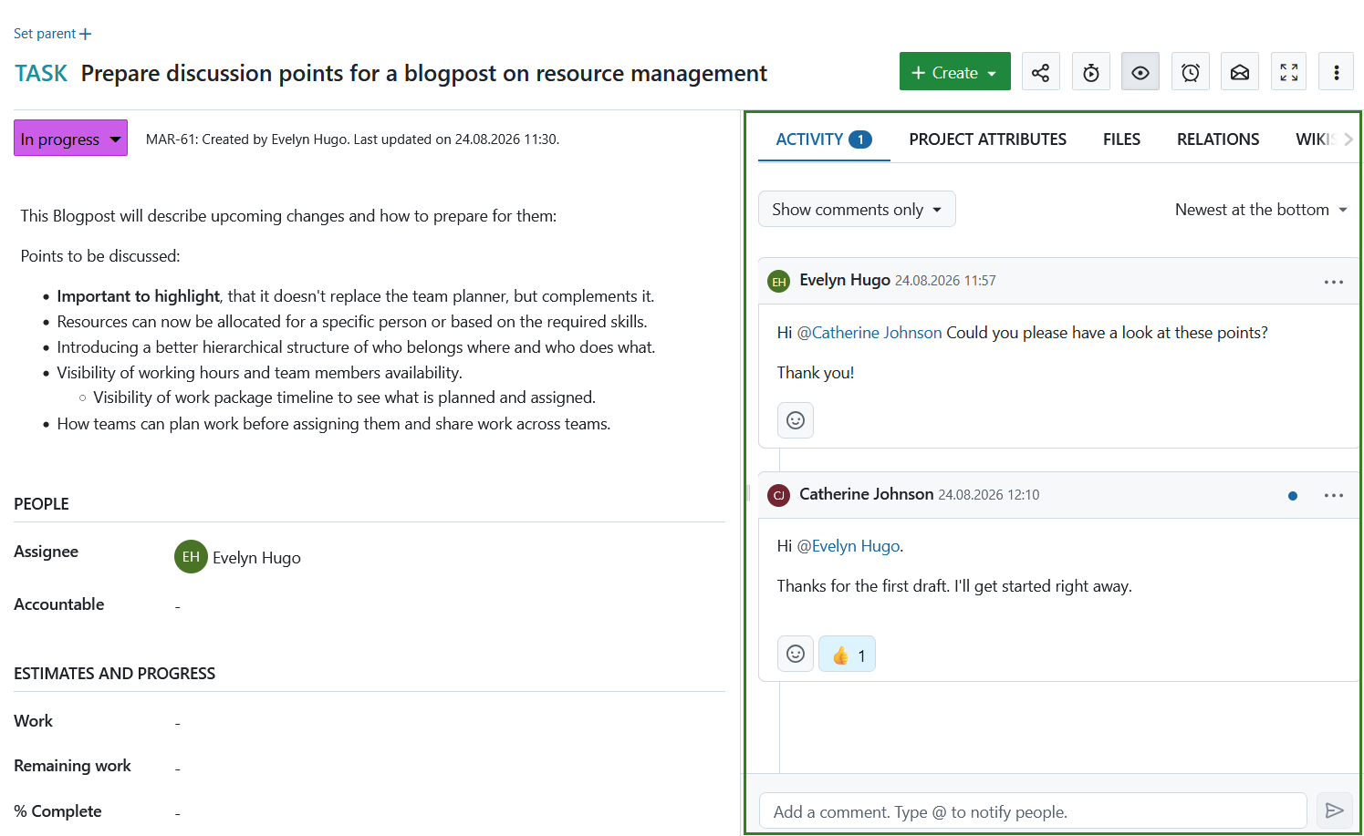 The work package Activity tab split screen