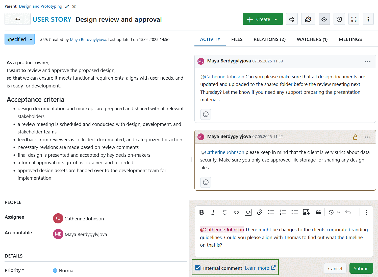 Internal comment checkbox selected when adding an internal comment on an OpenProject work package
