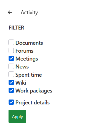 Project activity filters