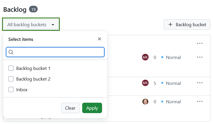 Filter for all backlog buckets in Backlog and sprints