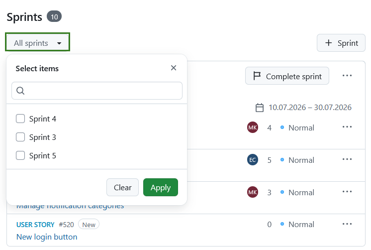 Filter for all sprints in backlog and sprints