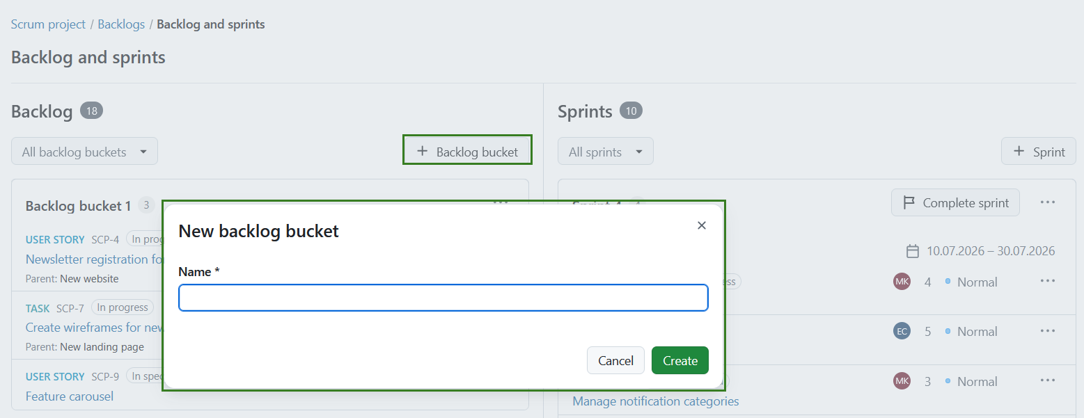 Backlogs module in OpenProject showing backlog items and multiple sprints with work packages
