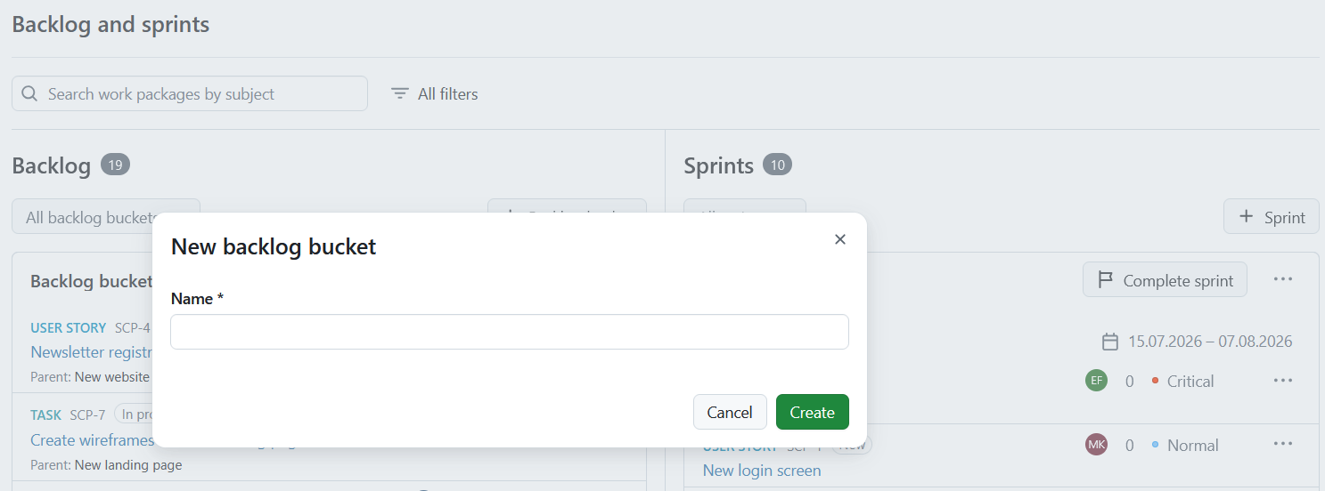 Backlogs module in OpenProject showing backlog items and multiple sprints with work packages