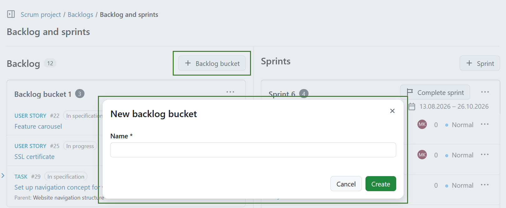 Backlogs module in OpenProject showing backlog items and multiple sprints with work packages