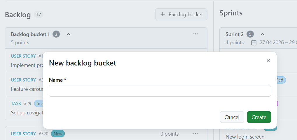 Backlogs module in OpenProject showing backlog items and multiple sprints with work packages