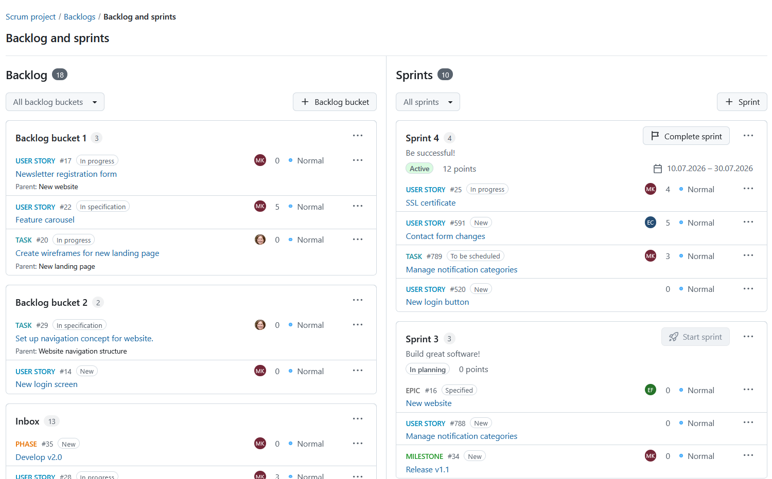 Backlogs module in OpenProject showing backlog items and multiple sprints with work packages