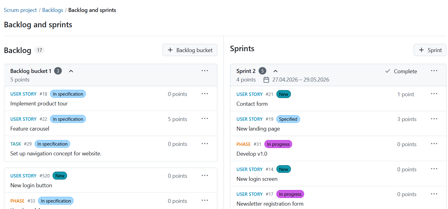 Backlogs module in OpenProject showing backlog items and multiple sprints with work packages