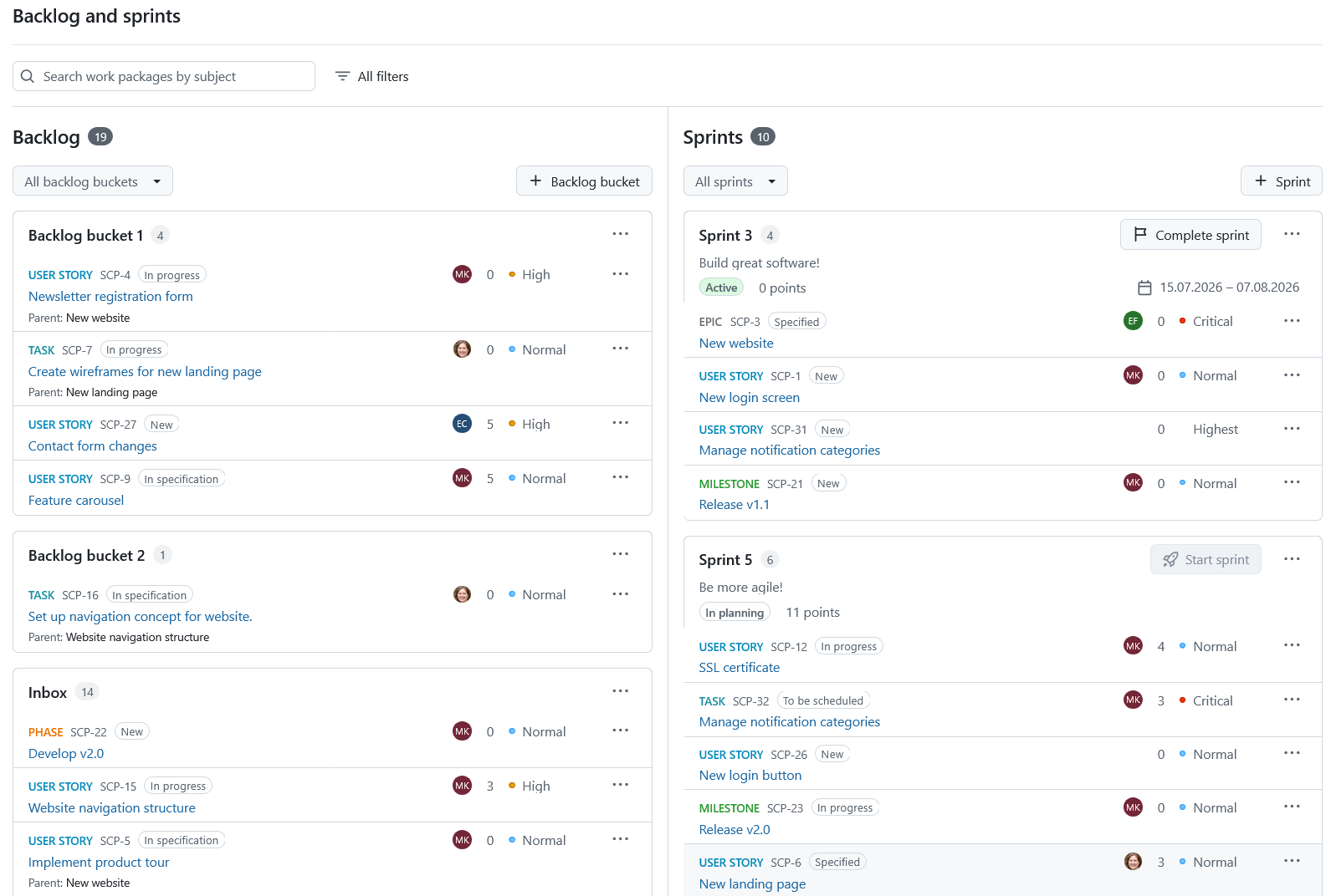 Backlogs module in OpenProject showing backlog items and multiple sprints with work packages