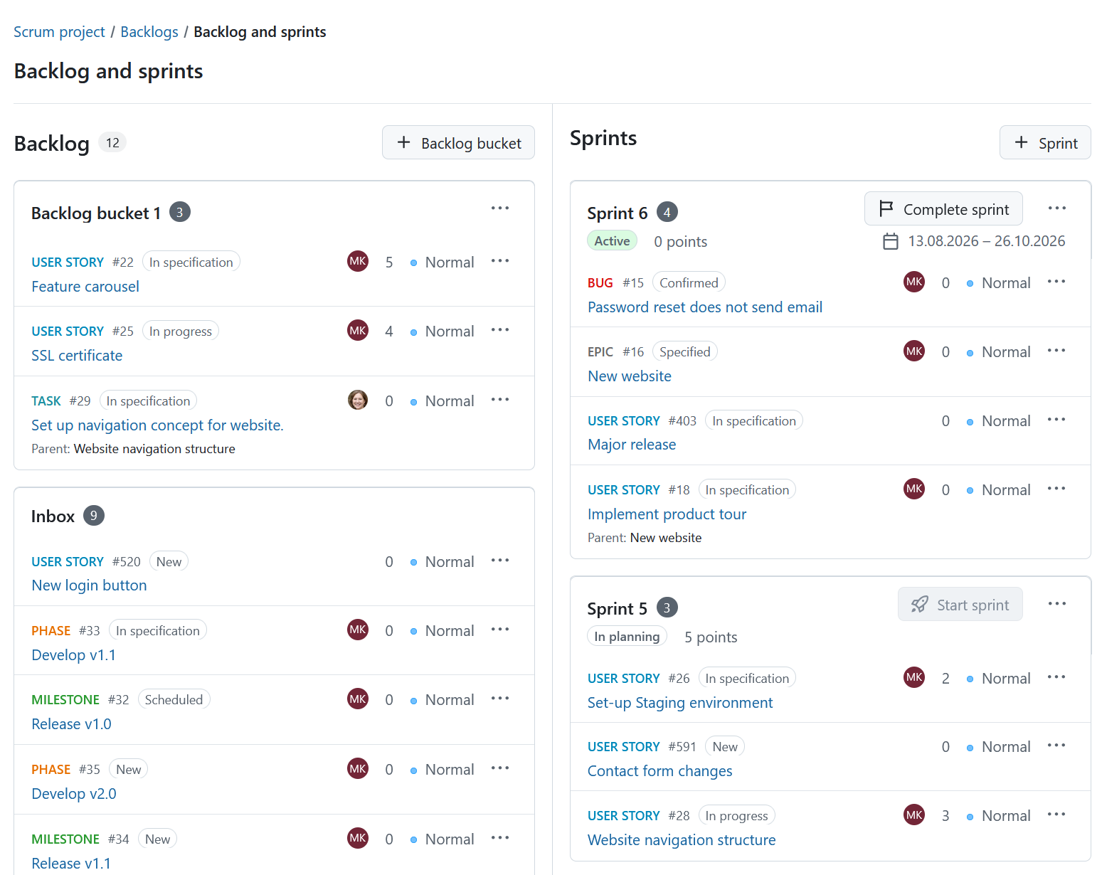 Backlogs module in OpenProject showing backlog items and multiple sprints with work packages
