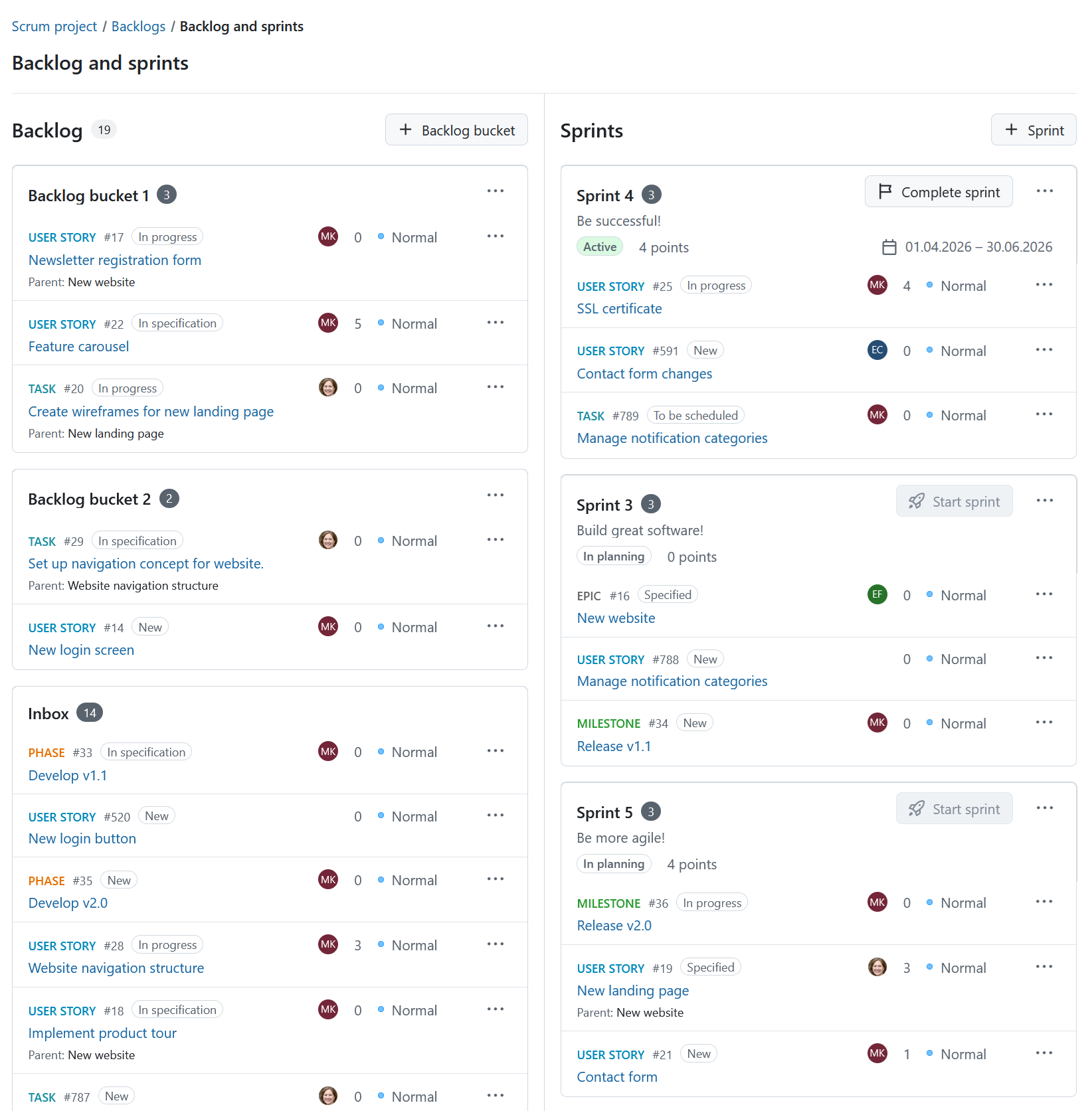 Backlogs-Modul in OpenProject mit Backlog-Elementen und mehreren Sprints mit Arbeitspaketen